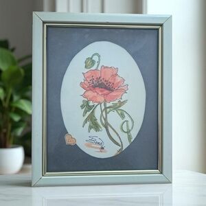Vtg Floral Art Print Wood Frame Red Poppy Signed Bond 85 11" x 9"